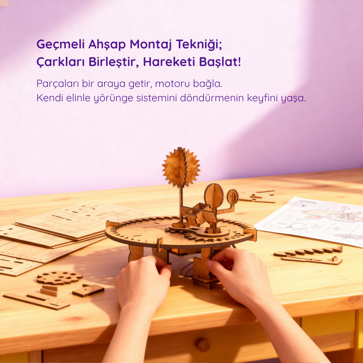 Ahşap Çarklı Güneş-Dünya-Ay-Uydu Modeli