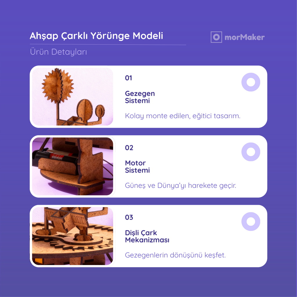 Ahşap Çarklı Güneş-Dünya-Ay-Uydu Modeli Hareketli (Motorlu)| Kendin Yap Ahşap Oyuncak | STEM-A Eğitim Seti | Çarklı Yörünge Sistemi