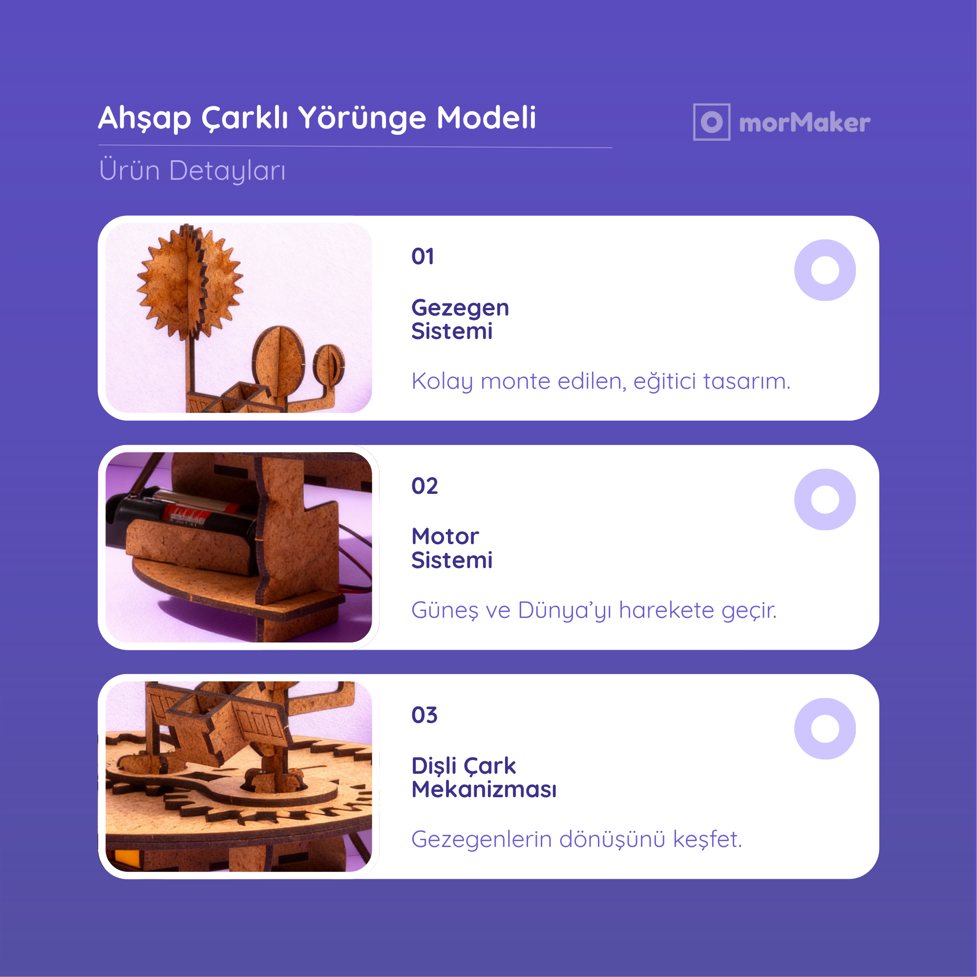 Ahşap Çarklı Güneş-Dünya-Ay-Uydu Modeli Hareketli (Motorlu)| Kendin Yap Ahşap Oyuncak | STEM-A Eğitim Seti | Çarklı Yörünge Sistemi