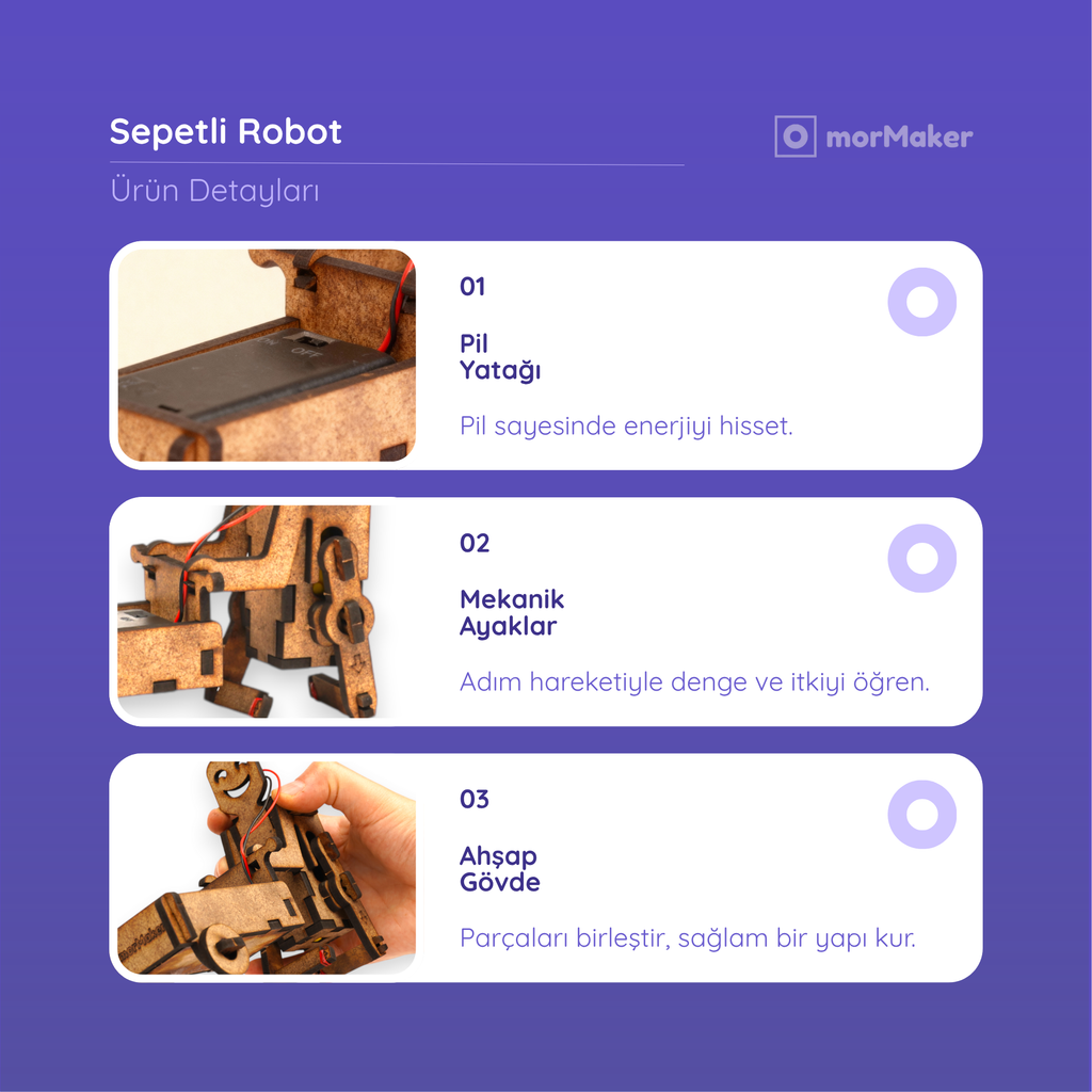 Sepetli Robot DC Motorlu Ahşap Oyuncak STEM-A Seti