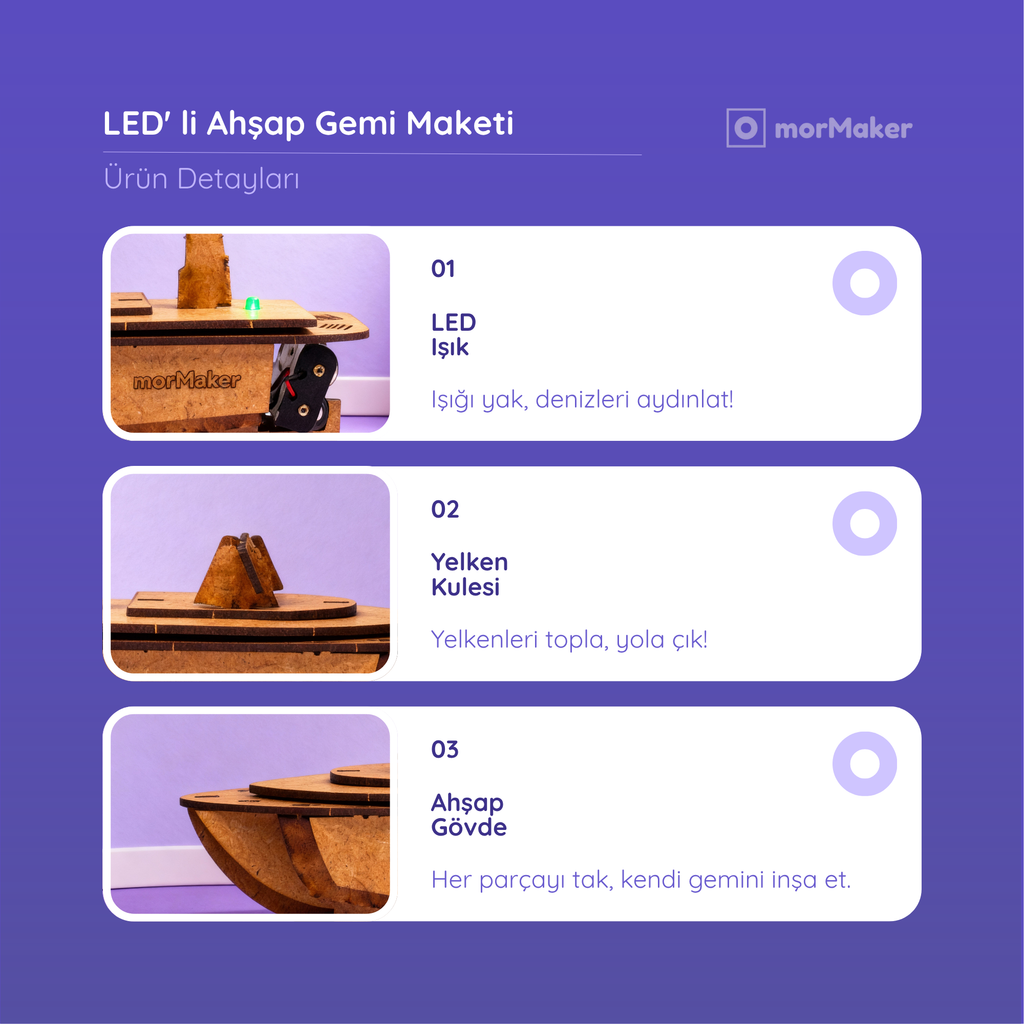 LED' li Ahşap Gemi Maketi | İnsansız Deniz Aracı | Kendin Yap Ahşap Oyuncak | STEM-A Eğitim Seti