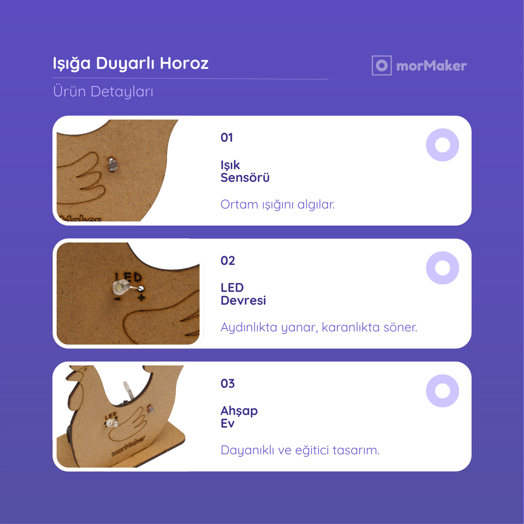 Işığa Duyarlı Horoz | Elektronik Devre Seti | Kendin Yap Ahşap Oyuncak | STEM-A Eğitim Seti