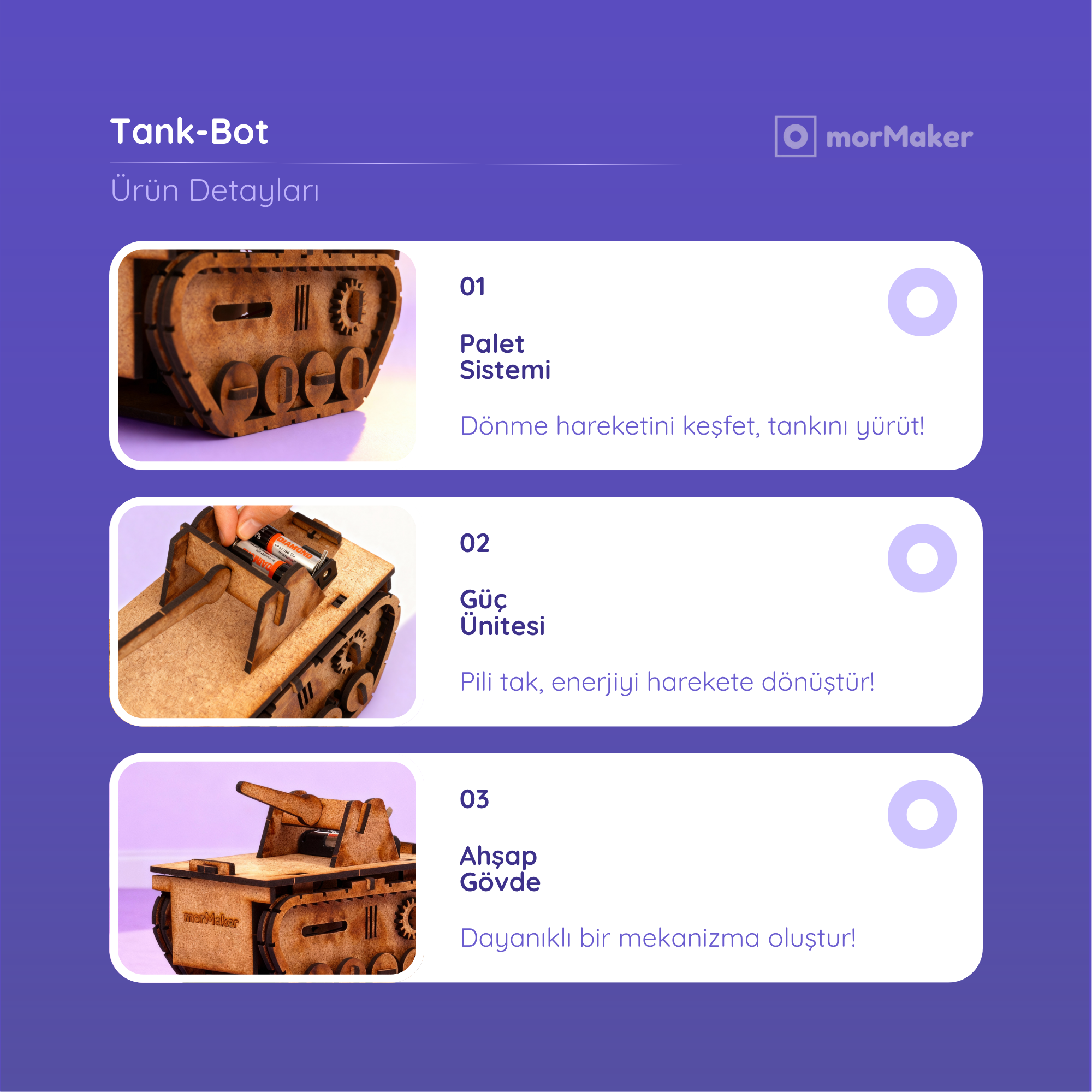 Haraketli Ahşap Oyuncak Tank  | Kendin Yap Ahşap Oyuncak | STEM-A Eğitim Seti | Tank-Bot
