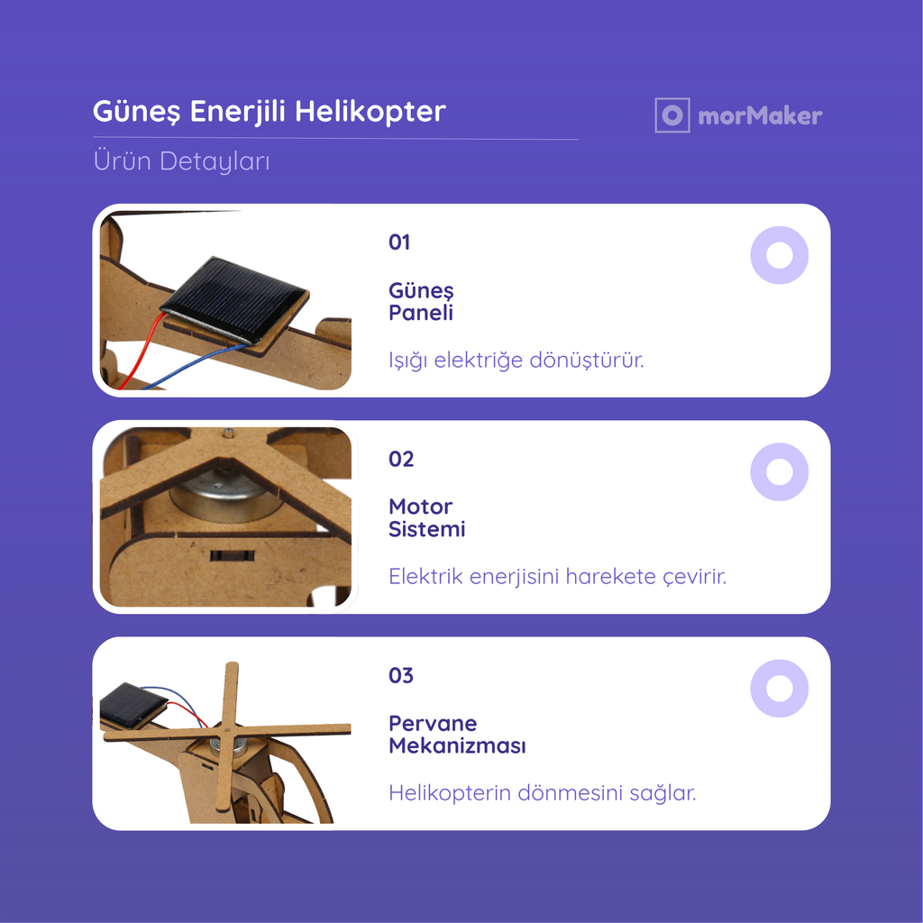 Güneş Enerjili Helikopter | Solar Enerji Deney Seti | Kendin Yap Ahşap Oyuncak | STEM-A Eğitim Seti