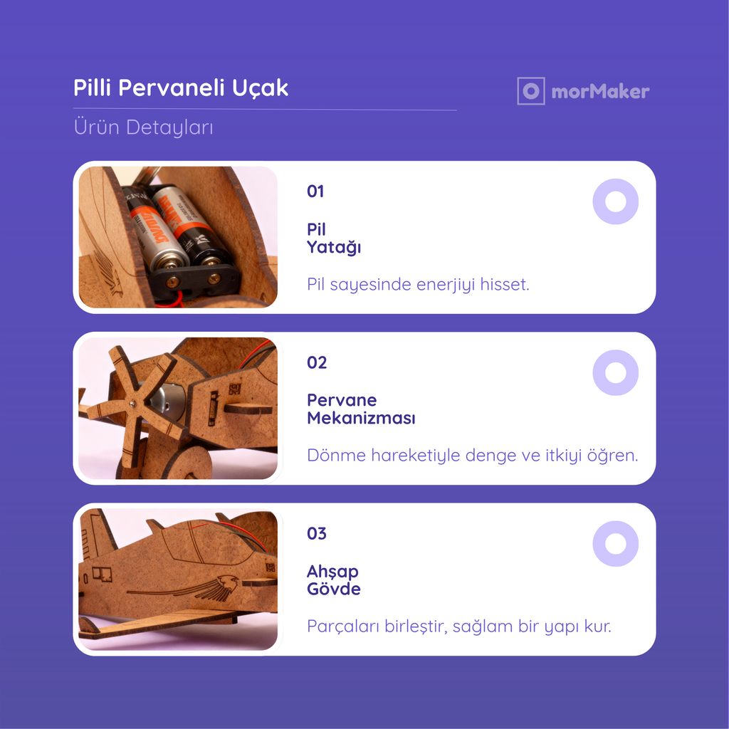 Pilli Pervaneli Uçak | Eğitici Kendin Yap Ahşap Oyuncak | STEM-A Eğitim Seti
