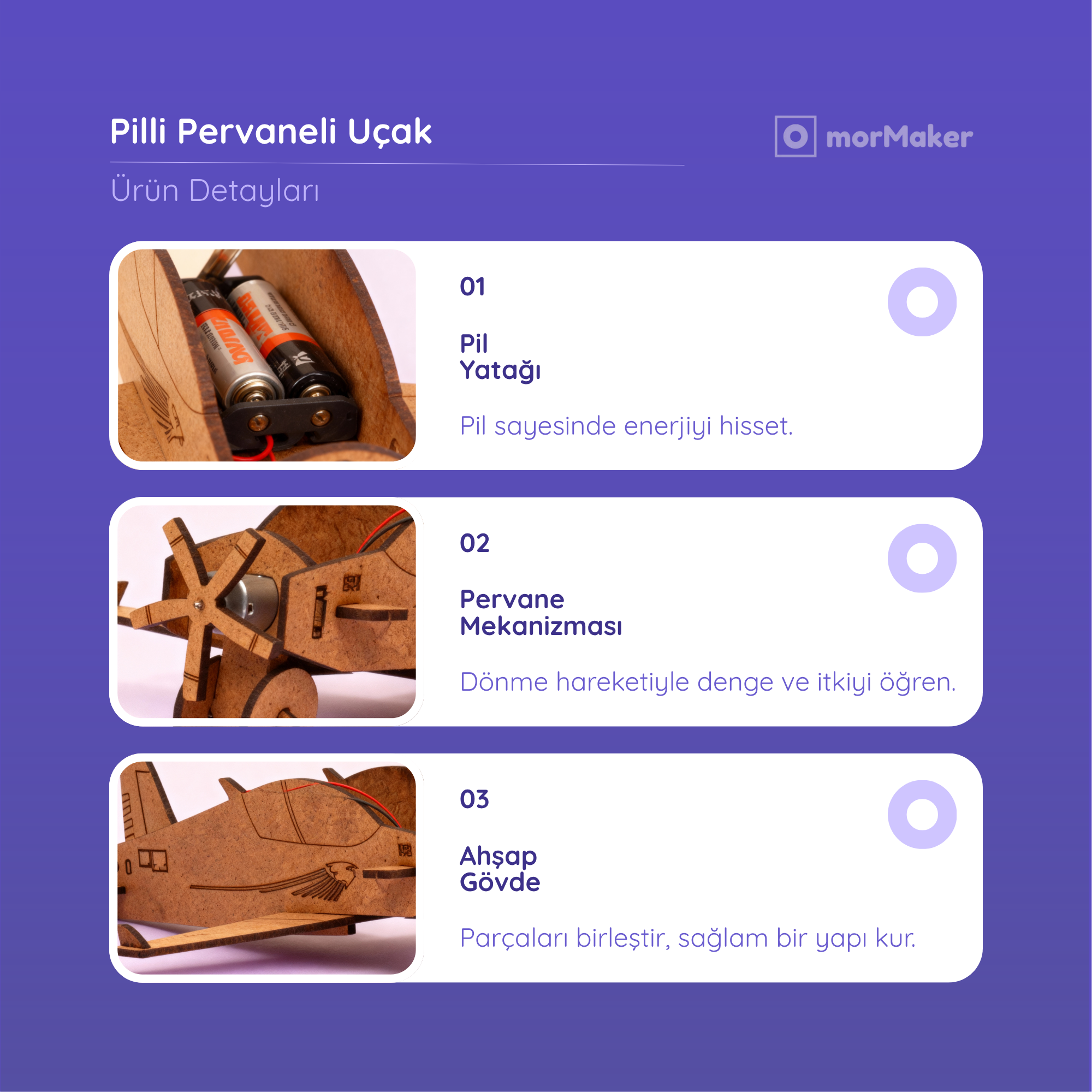 Pilli Pervaneli Uçak | Eğitici Kendin Yap Ahşap Oyuncak | STEM-A Eğitim Seti