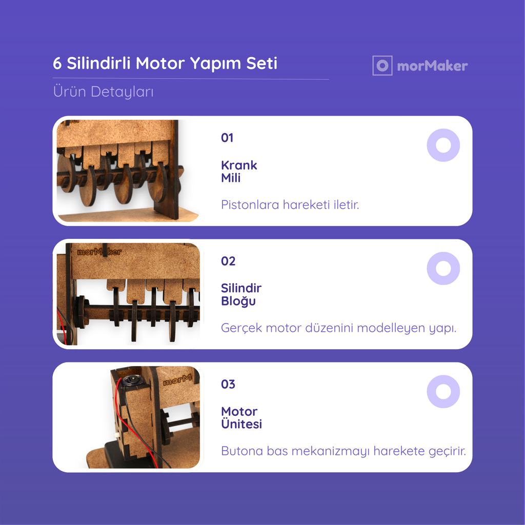 6 Silindirli Motor | Mekanik Mühendislik Seti | Kendin Yap Ahşap Oyuncak | STEM-A Eğitim Seti