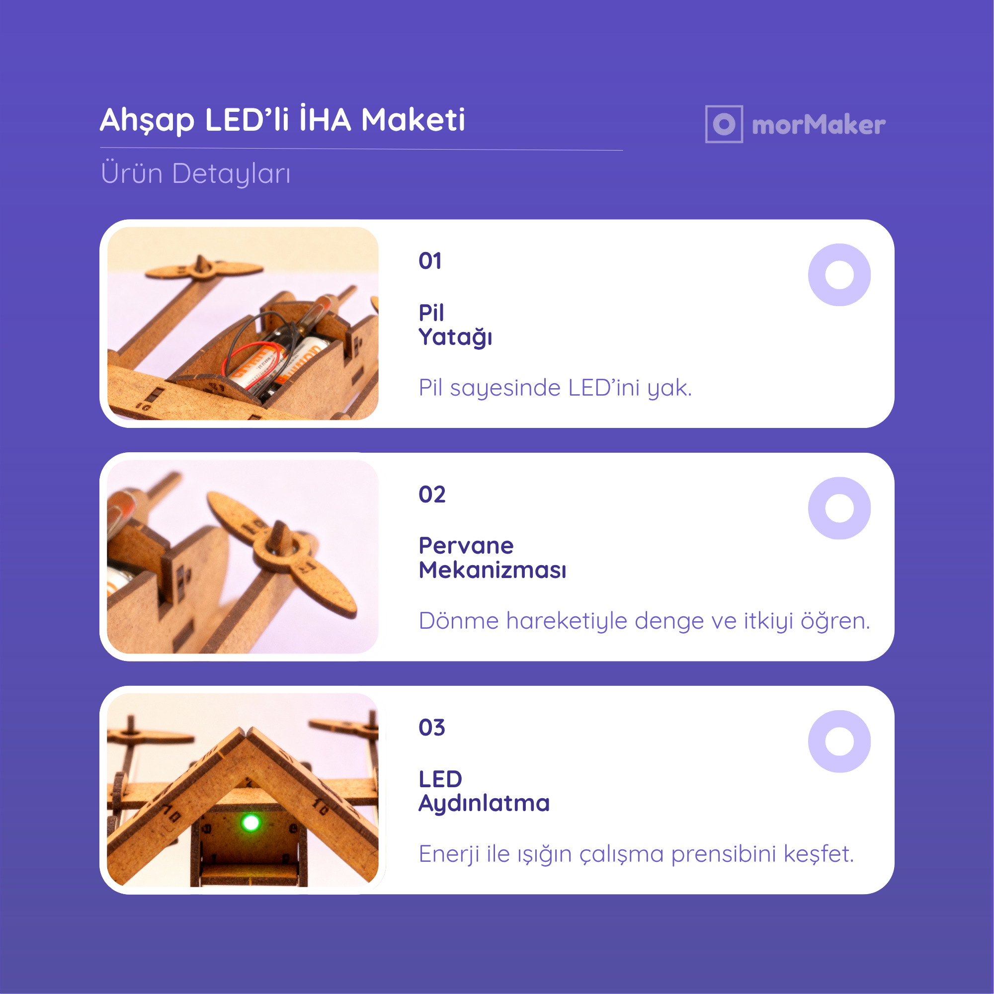 Ahşap LED'li İHA Maketi | İnsansız Hava Aracı | Kendin Yap Ahşap Oyuncak | STEM-A Eğitim Seti