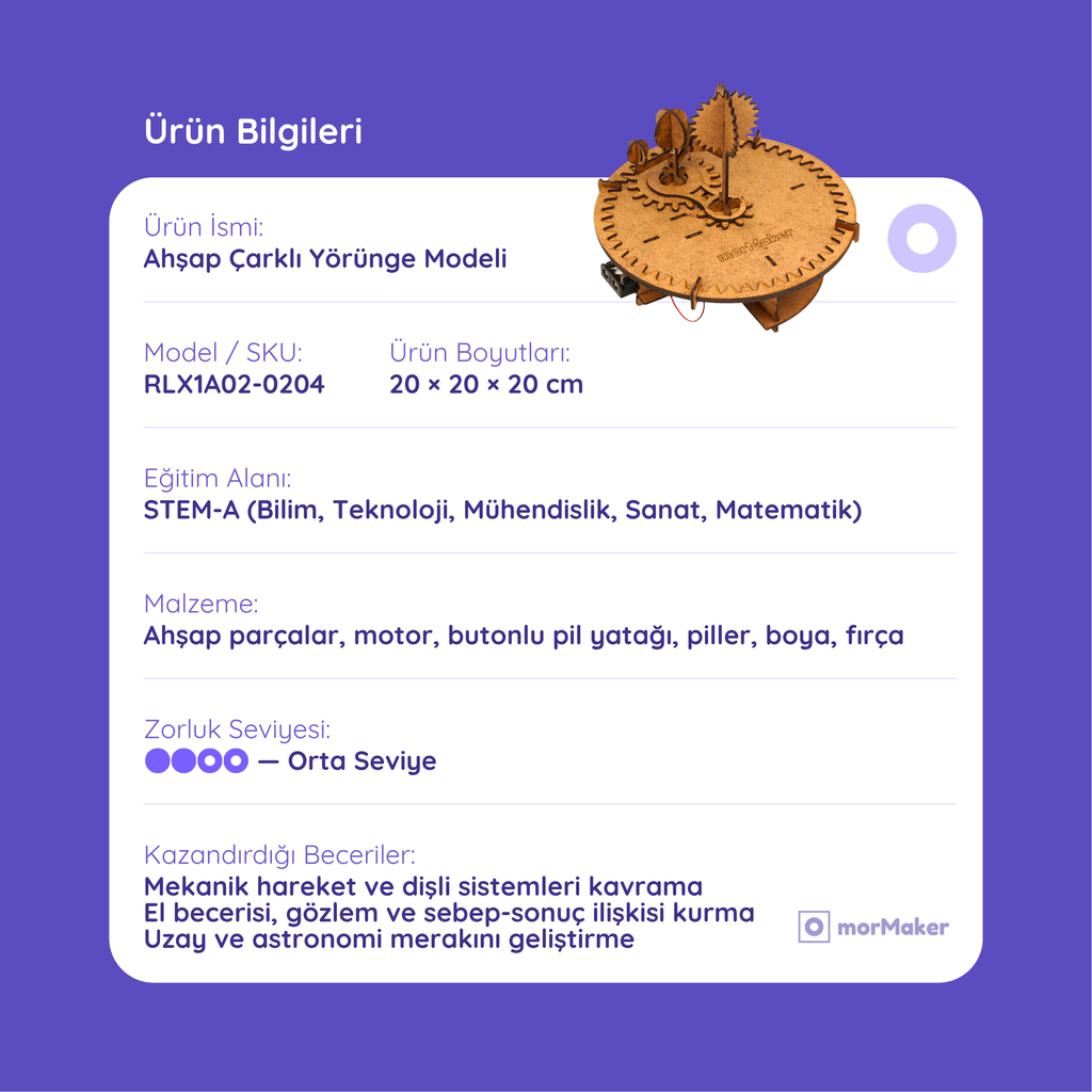 Ahşap Çarklı Güneş-Dünya-Ay-Uydu Modeli Hareketli (Motorlu)| Kendin Yap Ahşap Oyuncak | STEM-A Eğitim Seti | Çarklı Yörünge Sistemi