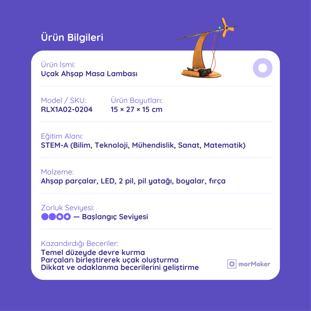 Uçak Masa Lambası Kendin Yap Ahşap Oyuncak STEM-A Eğitim Seti