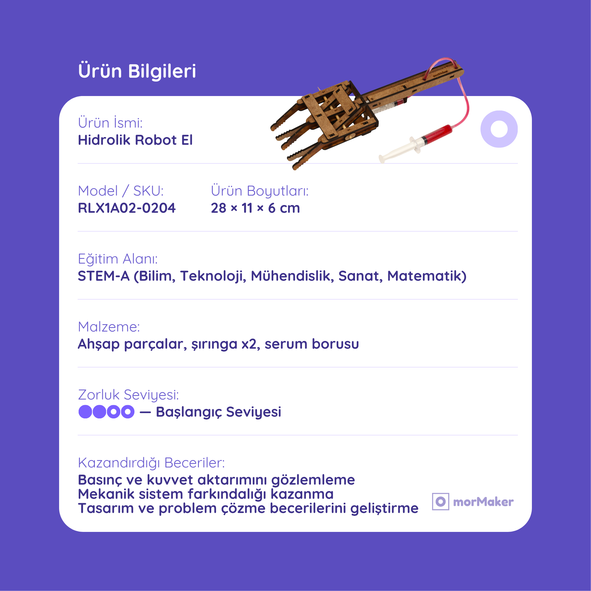 Hidrolik Robot El Kendin Yap Ahşap Oyuncak STEM-A Eğitim Seti