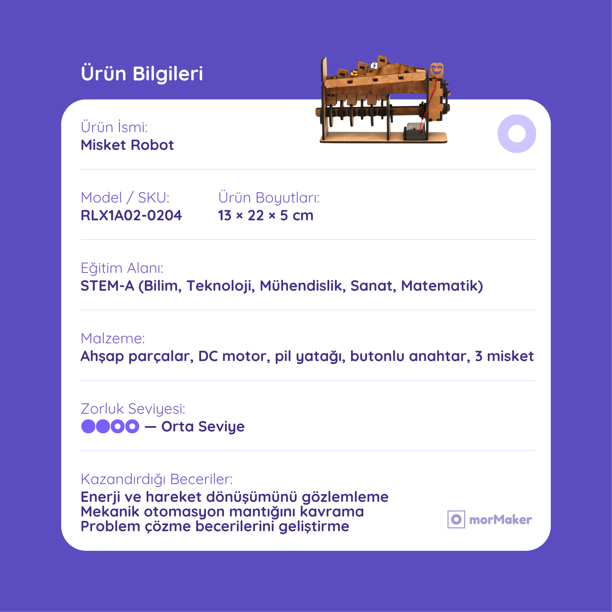 Misket Robot DC Motorlu Ahşap Oyuncak STEM-A Eğitim Seti | Çocuklar için Otomasyon Sistemi