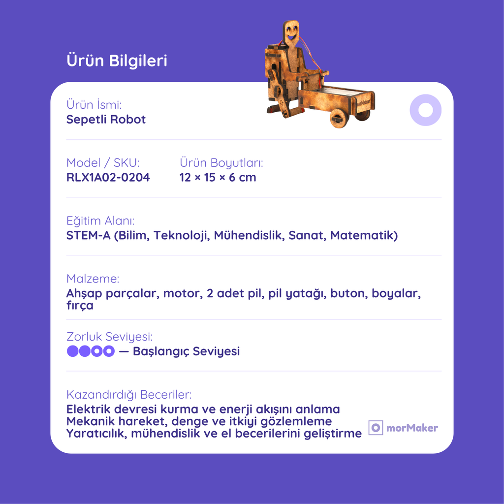 Sepetli Robot DC Motorlu Ahşap Oyuncak STEM-A Seti