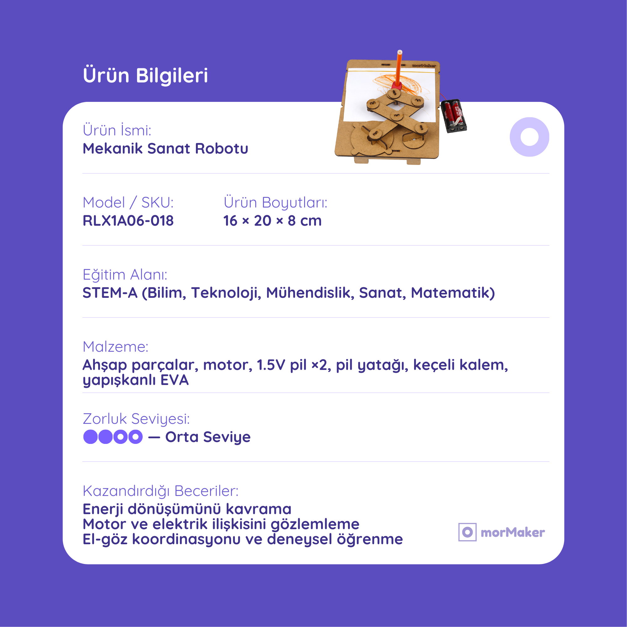 Mekanik Sanat Robotu | Hareketli Tasarım Seti | Kendin Yap Ahşap Oyuncak | STEM-A Eğitim Seti