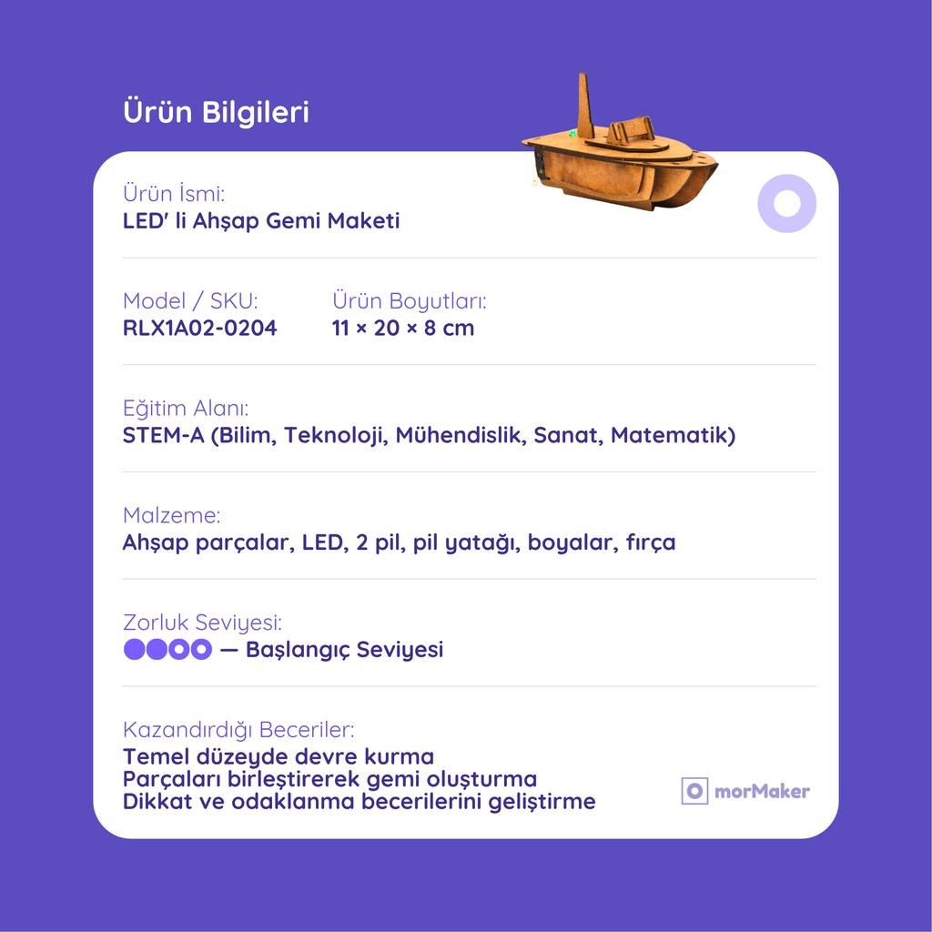 LED' li Ahşap Gemi Maketi | İnsansız Deniz Aracı | Kendin Yap Ahşap Oyuncak | STEM-A Eğitim Seti