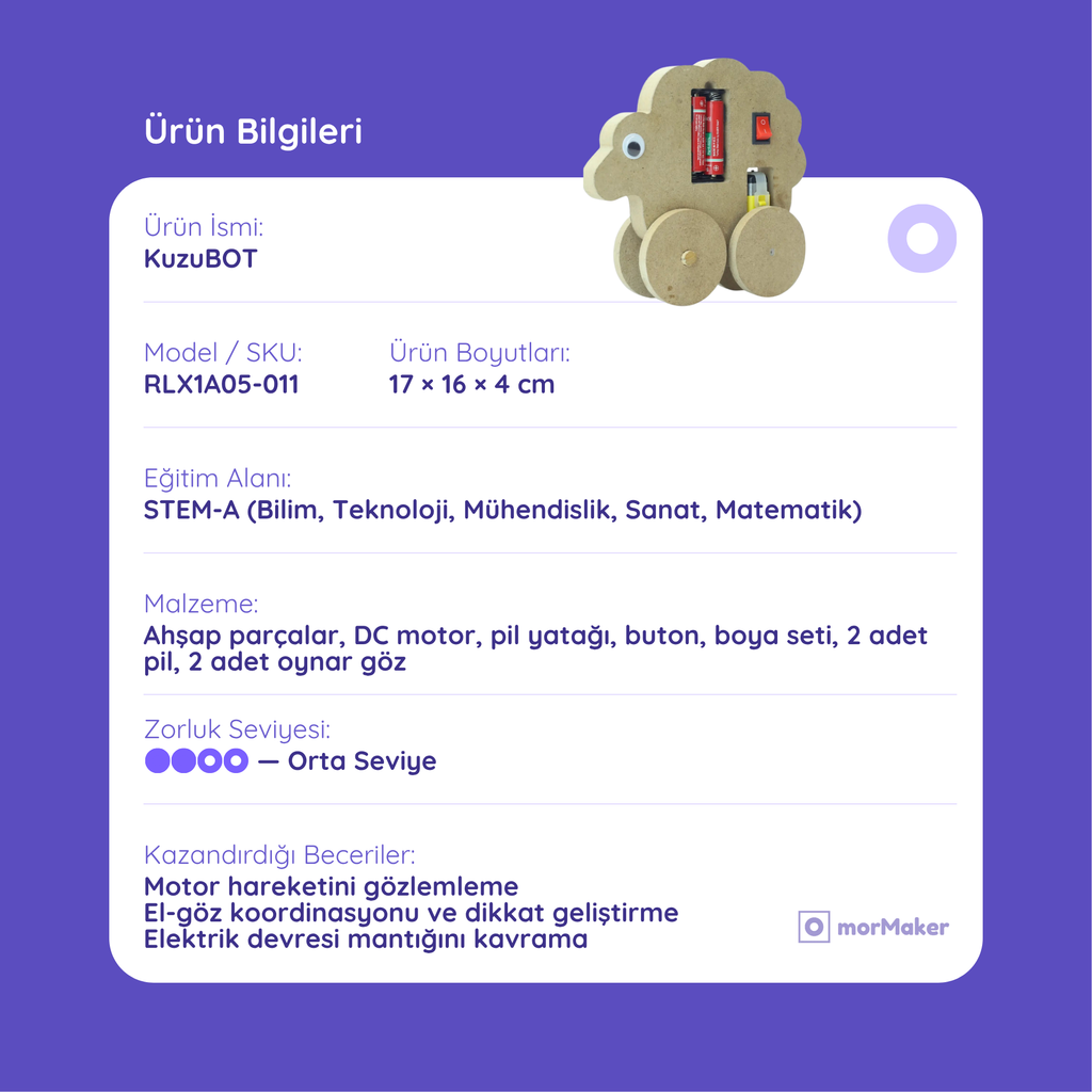 Kuzu Robot kuzuBot DC Motorlu Ahşap Oyuncak STEM-A Eğitim Seti