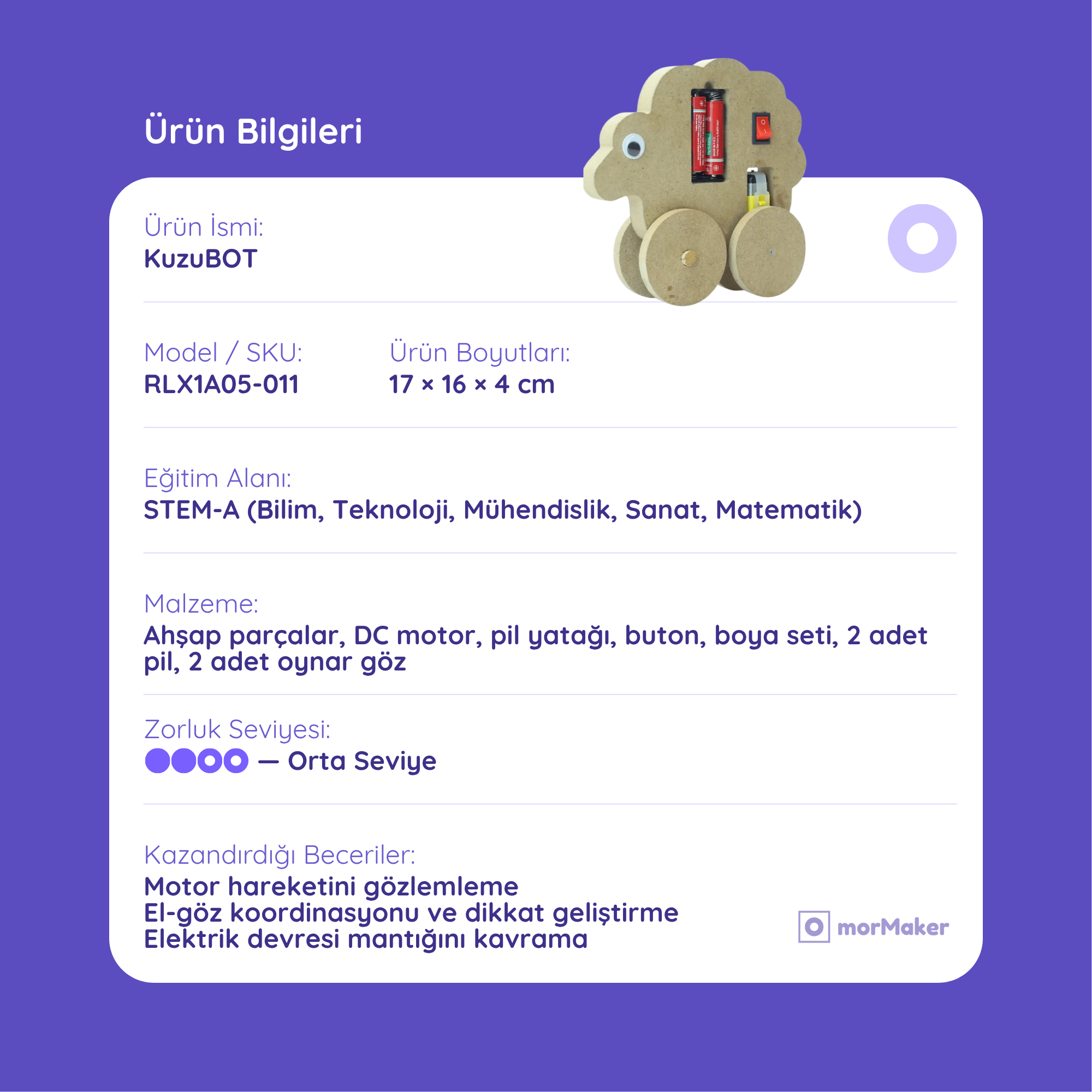 Kuzu Robot kuzuBot DC Motorlu Ahşap Oyuncak STEM-A Eğitim Seti