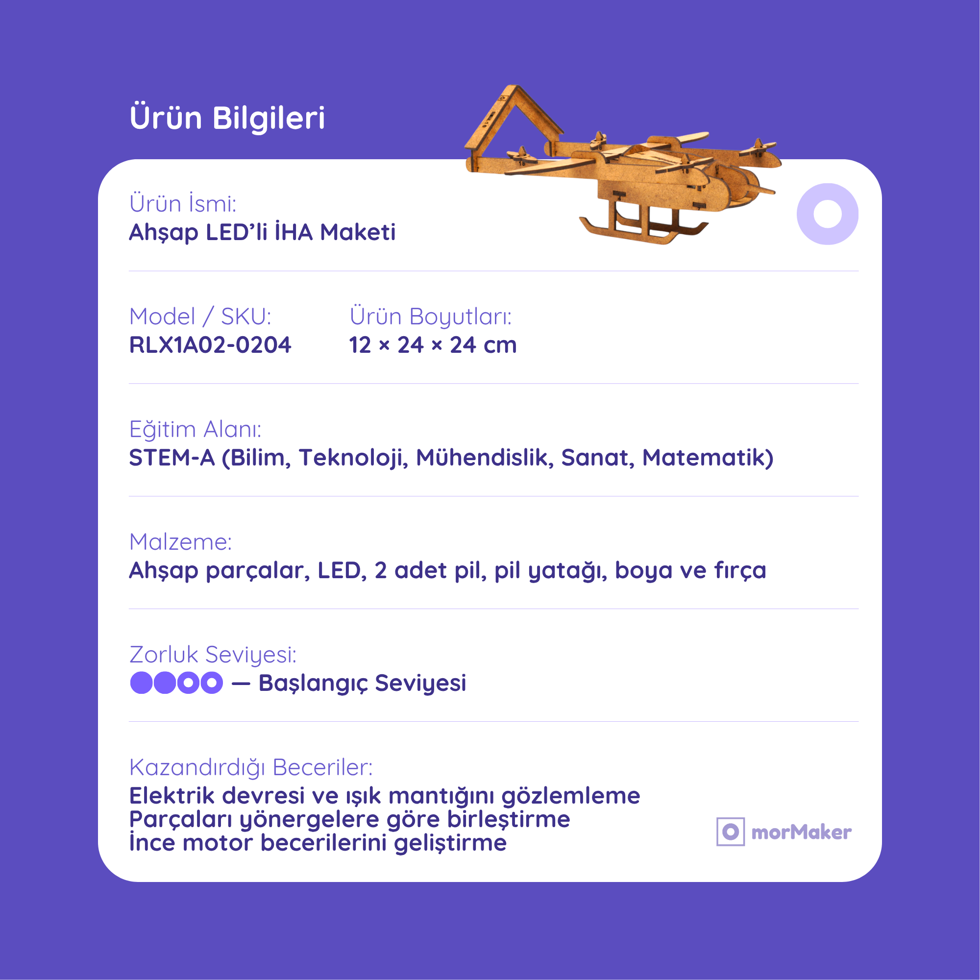 Ahşap LED'li İHA Maketi | İnsansız Hava Aracı | Kendin Yap Ahşap Oyuncak | STEM-A Eğitim Seti