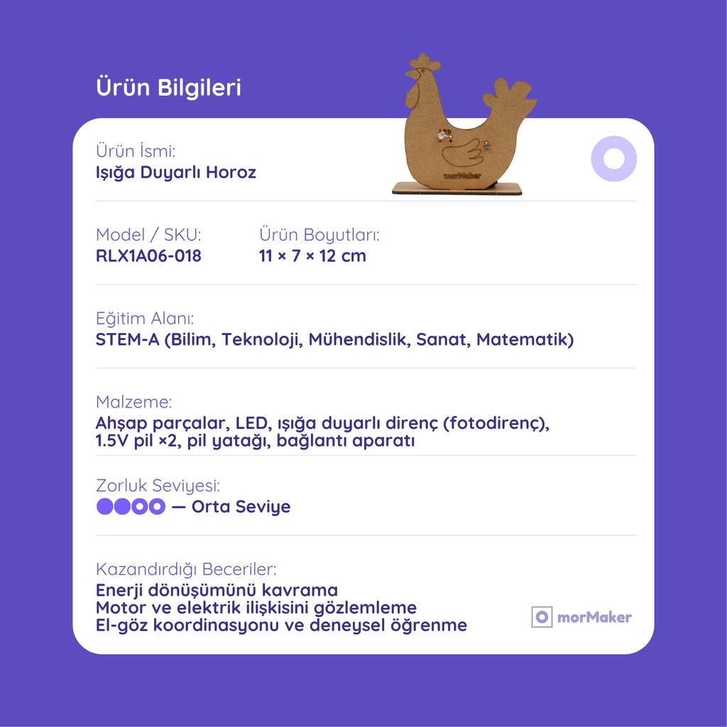 Işığa Duyarlı Horoz | Elektronik Devre Seti | Kendin Yap Ahşap Oyuncak | STEM-A Eğitim Seti