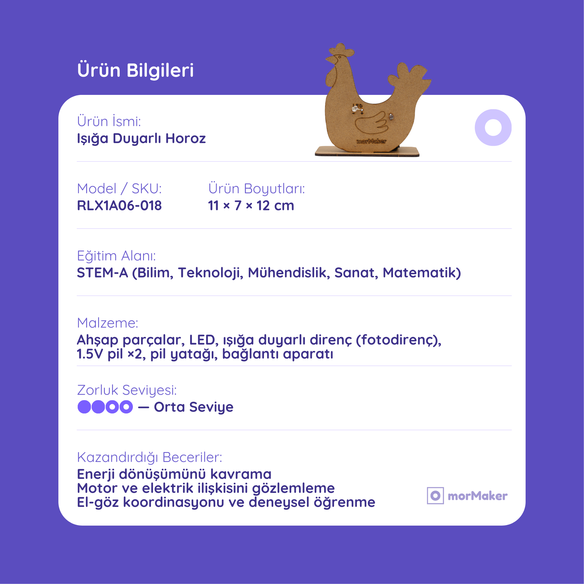 Işığa Duyarlı Horoz | Elektronik Devre Seti | Kendin Yap Ahşap Oyuncak | STEM-A Eğitim Seti