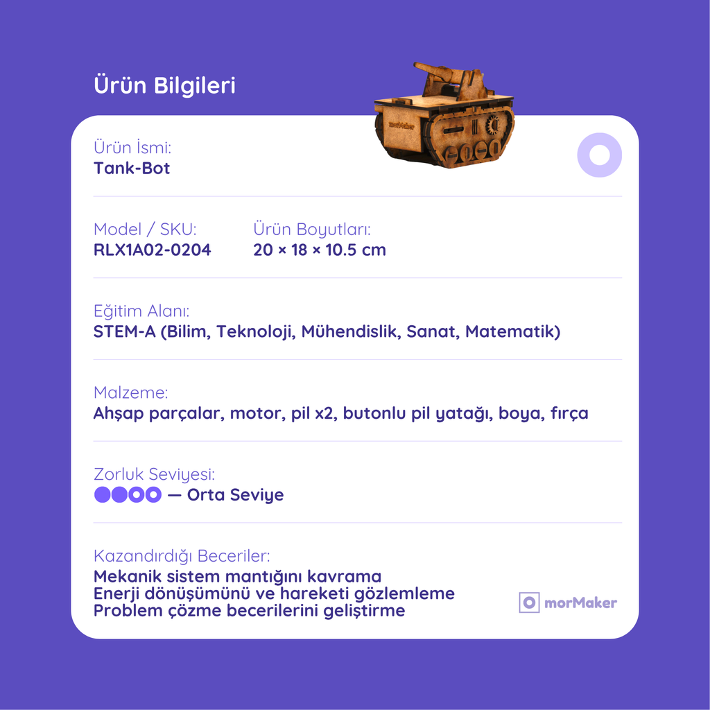 Haraketli Ahşap Oyuncak Tank  | Kendin Yap Ahşap Oyuncak | STEM-A Eğitim Seti | Tank-Bot