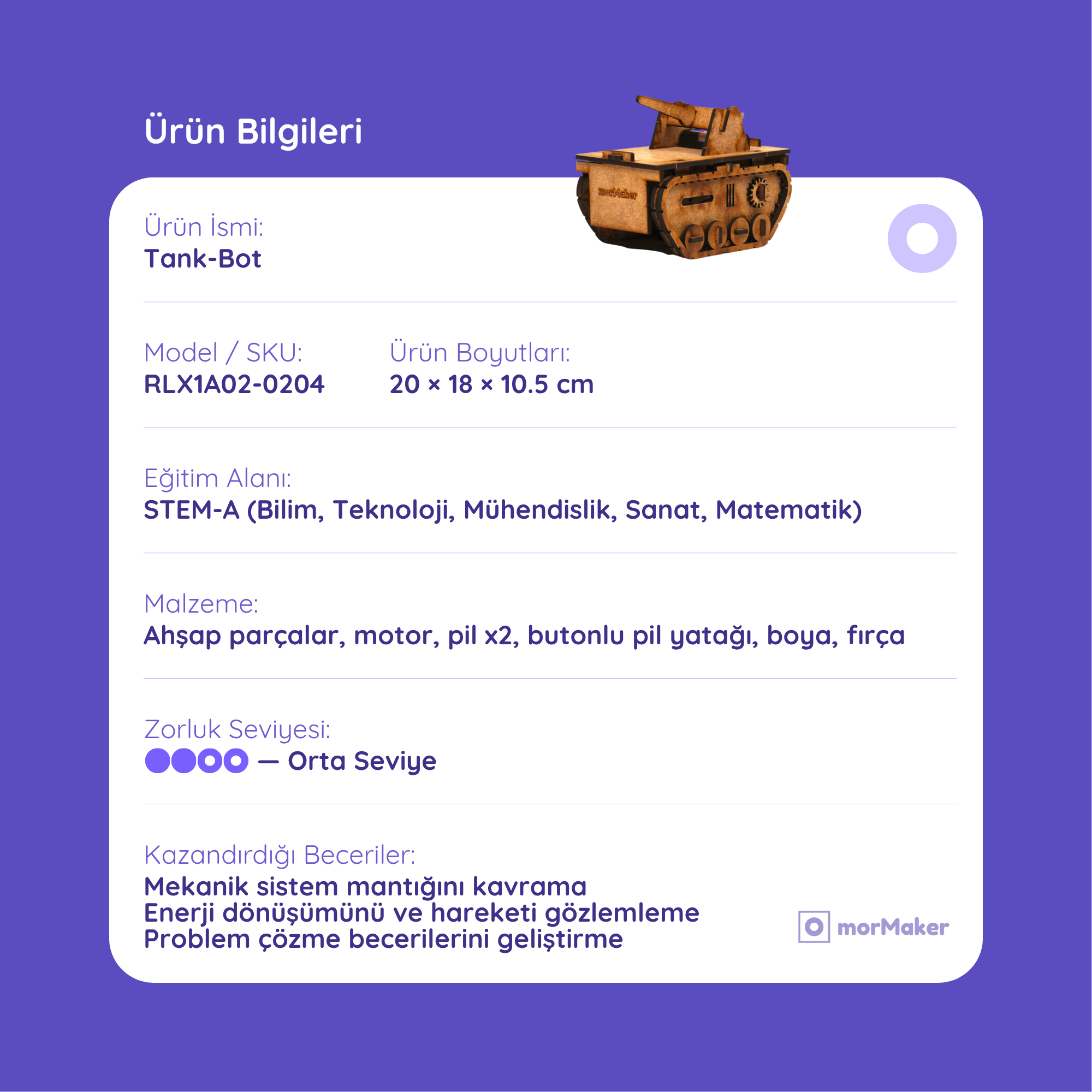 Haraketli Ahşap Oyuncak Tank  | Kendin Yap Ahşap Oyuncak | STEM-A Eğitim Seti | Tank-Bot