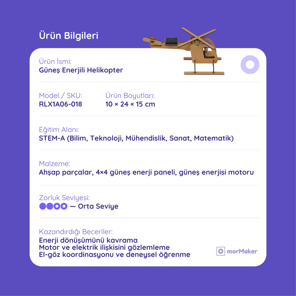 Güneş Enerjili Helikopter | Solar Enerji Deney Seti | Kendin Yap Ahşap Oyuncak | STEM-A Eğitim Seti