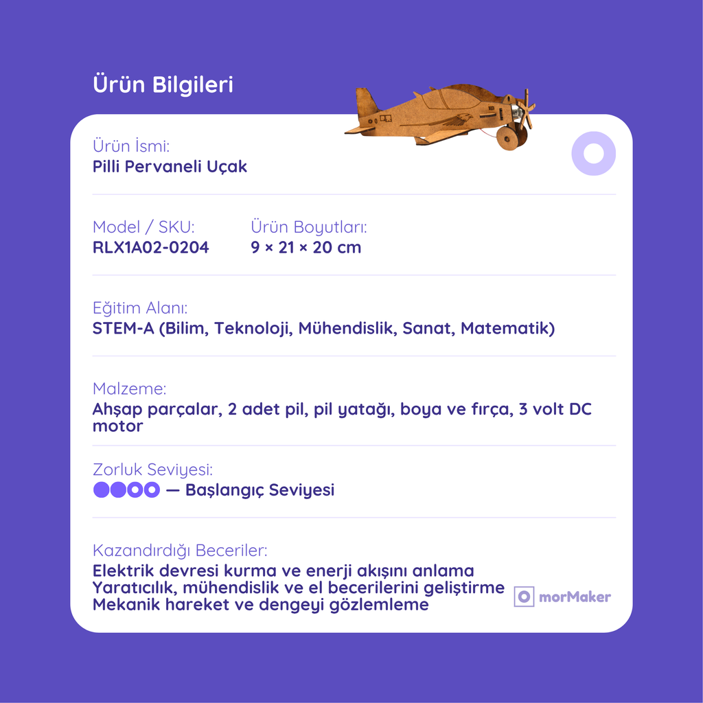 Pilli Pervaneli Uçak | Eğitici Kendin Yap Ahşap Oyuncak | STEM-A Eğitim Seti