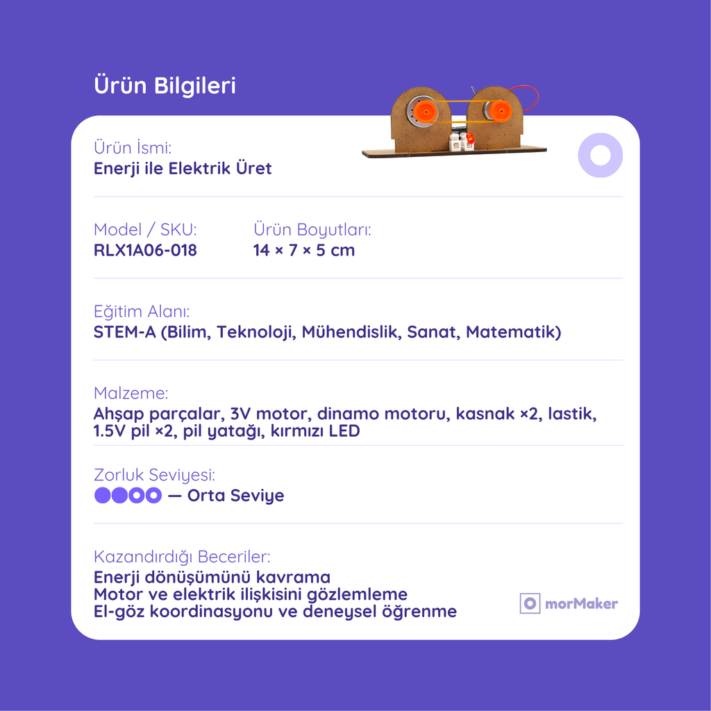 Enerji Dönüşüm Deney Seti | Elektrik Üretim Modeli | Kendin Yap Ahşap Oyuncak | STEM-A Eğitim Seti