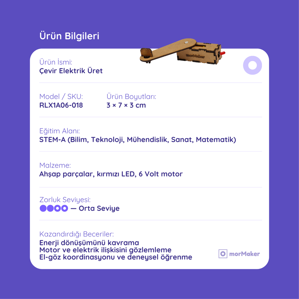 Manuel Dinamo Seti (Çevir Elektrik Üret) | Enerji Dönüşümü Deneyi | Kendin Yap Ahşap Oyuncak | STEM-A Eğitim Seti