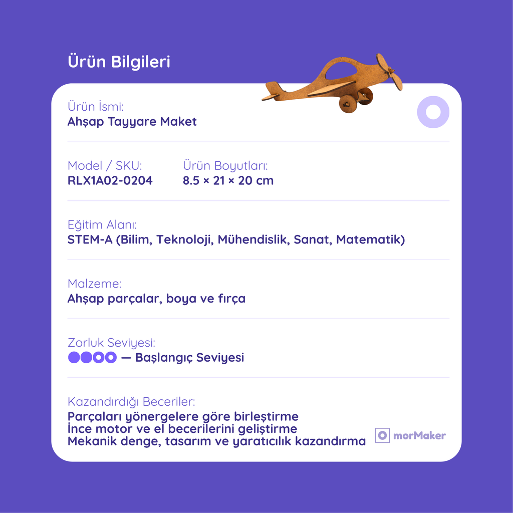 Ahşap Tayyare Maket | Kendin Yap Ahşap Oyuncak | STEM-A Eğitim Seti