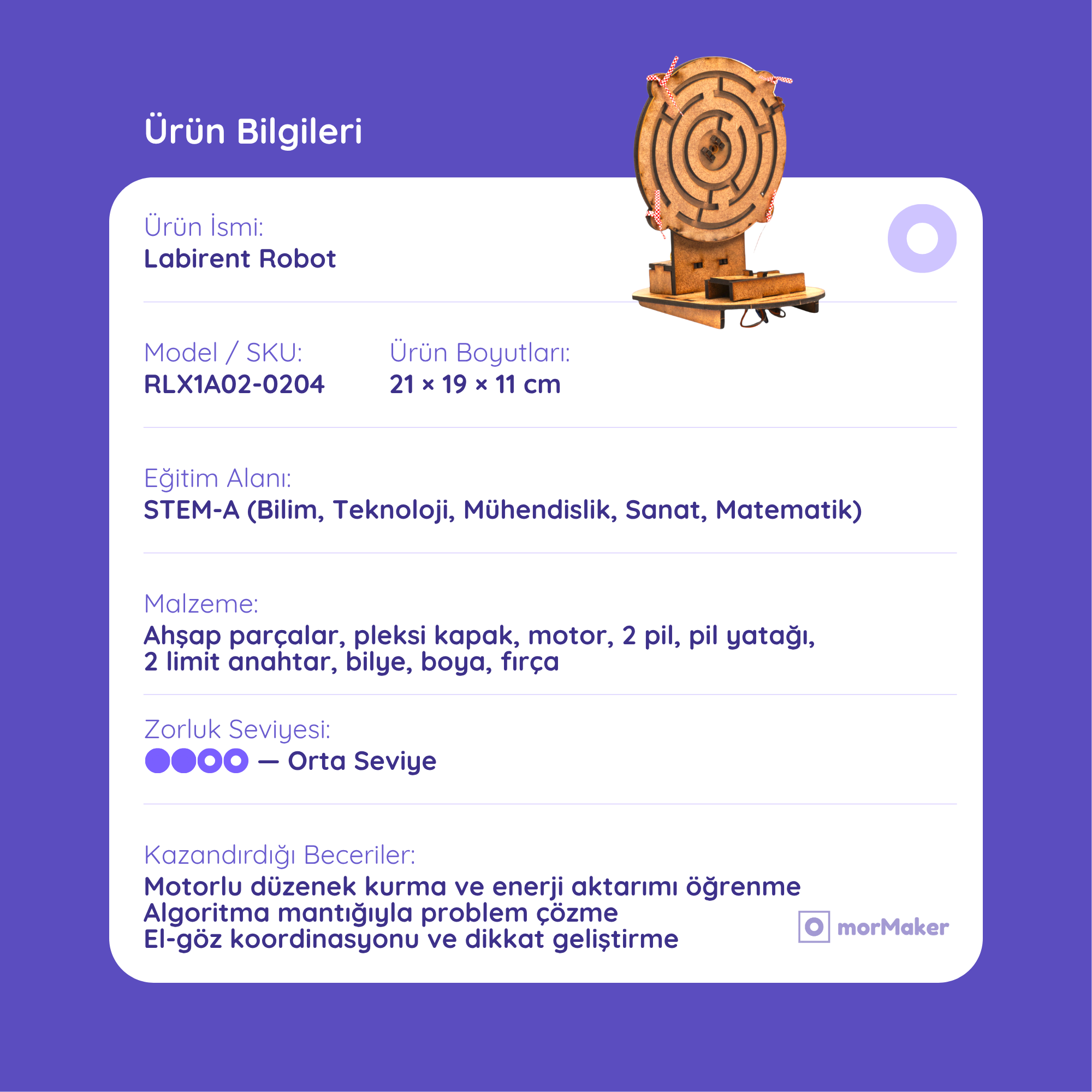 Labirent Robot Eğitici Kendin Yap Ahşap Oyuncak Hareketli STEM-A Eğitim Seti | Algoritma Oyunu