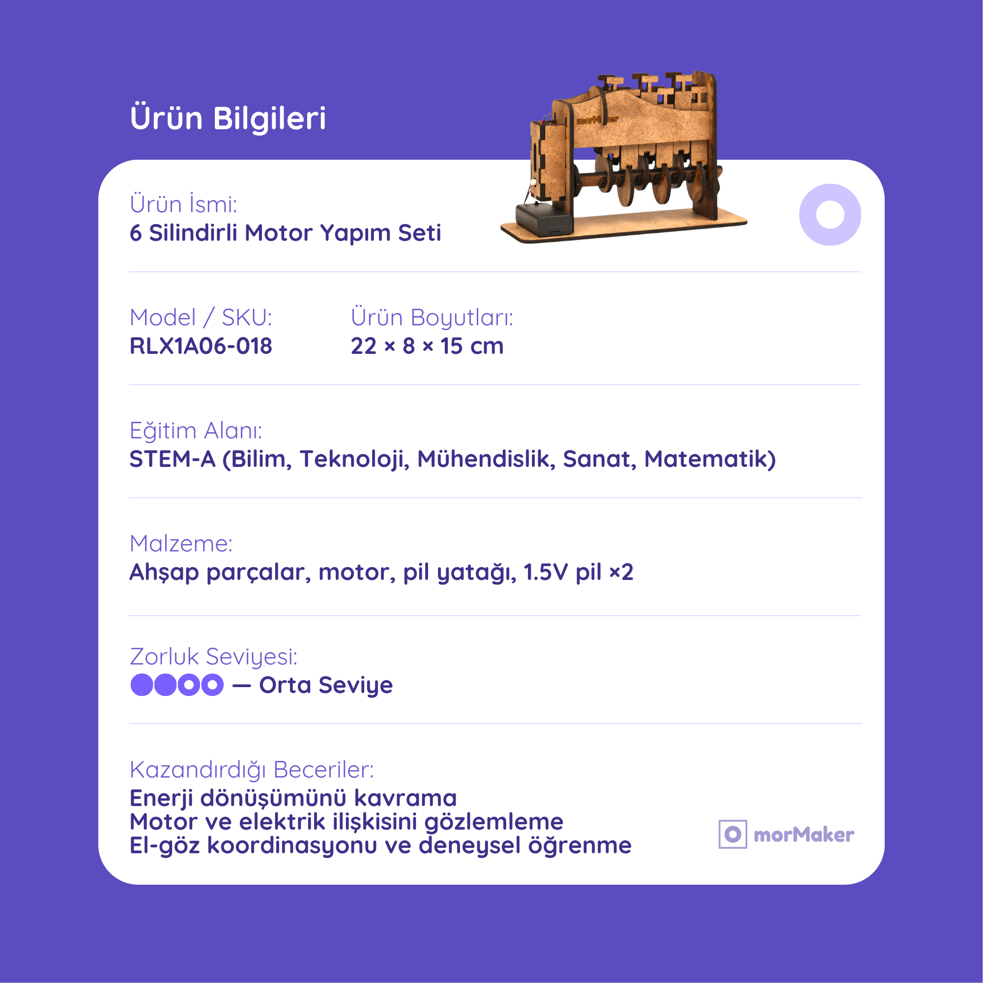 6 Silindirli Motor | Mekanik Mühendislik Seti | Kendin Yap Ahşap Oyuncak | STEM-A Eğitim Seti