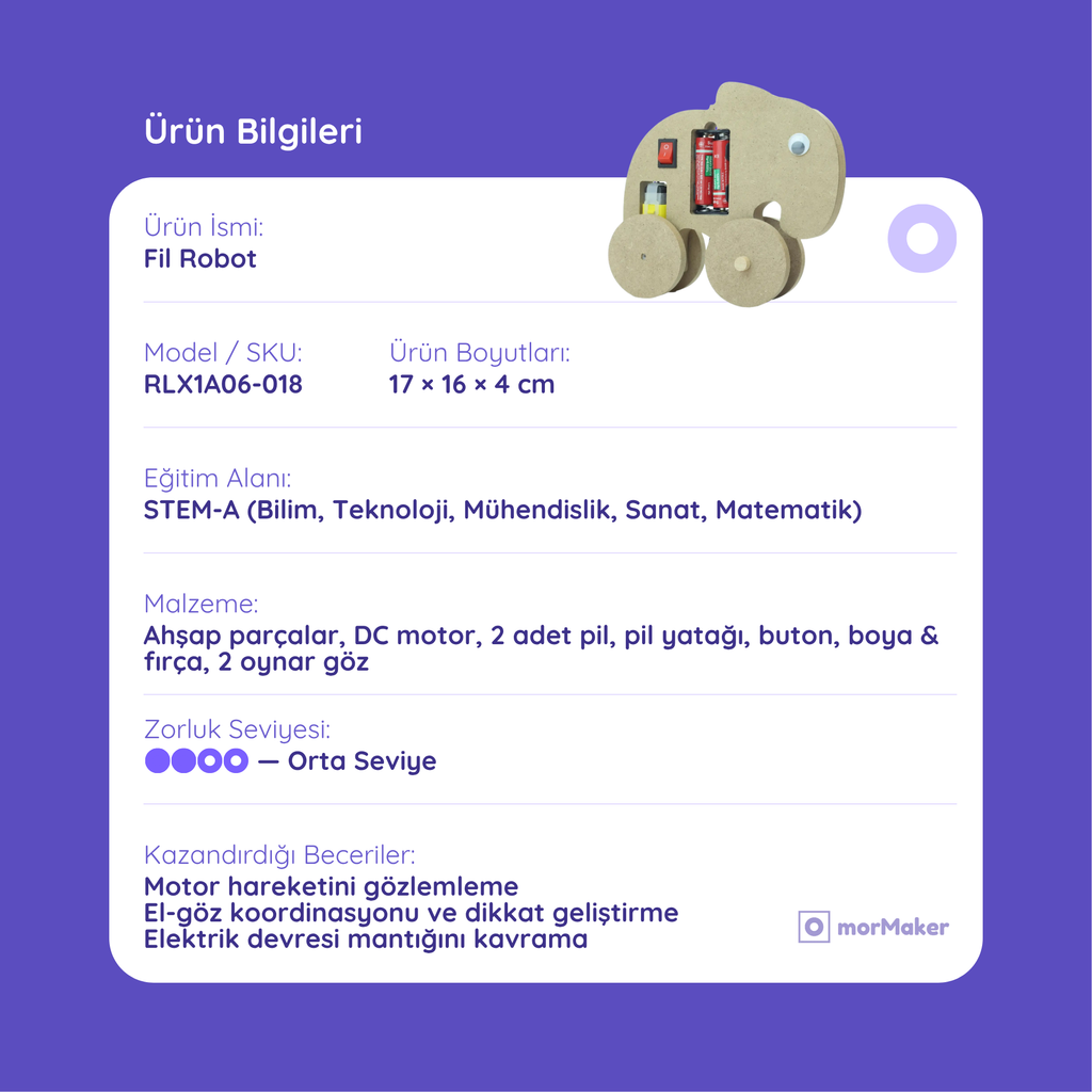 Fil Robot filBot DC Motorlu Ahşap Oyuncak STEM-A Eğitim Seti