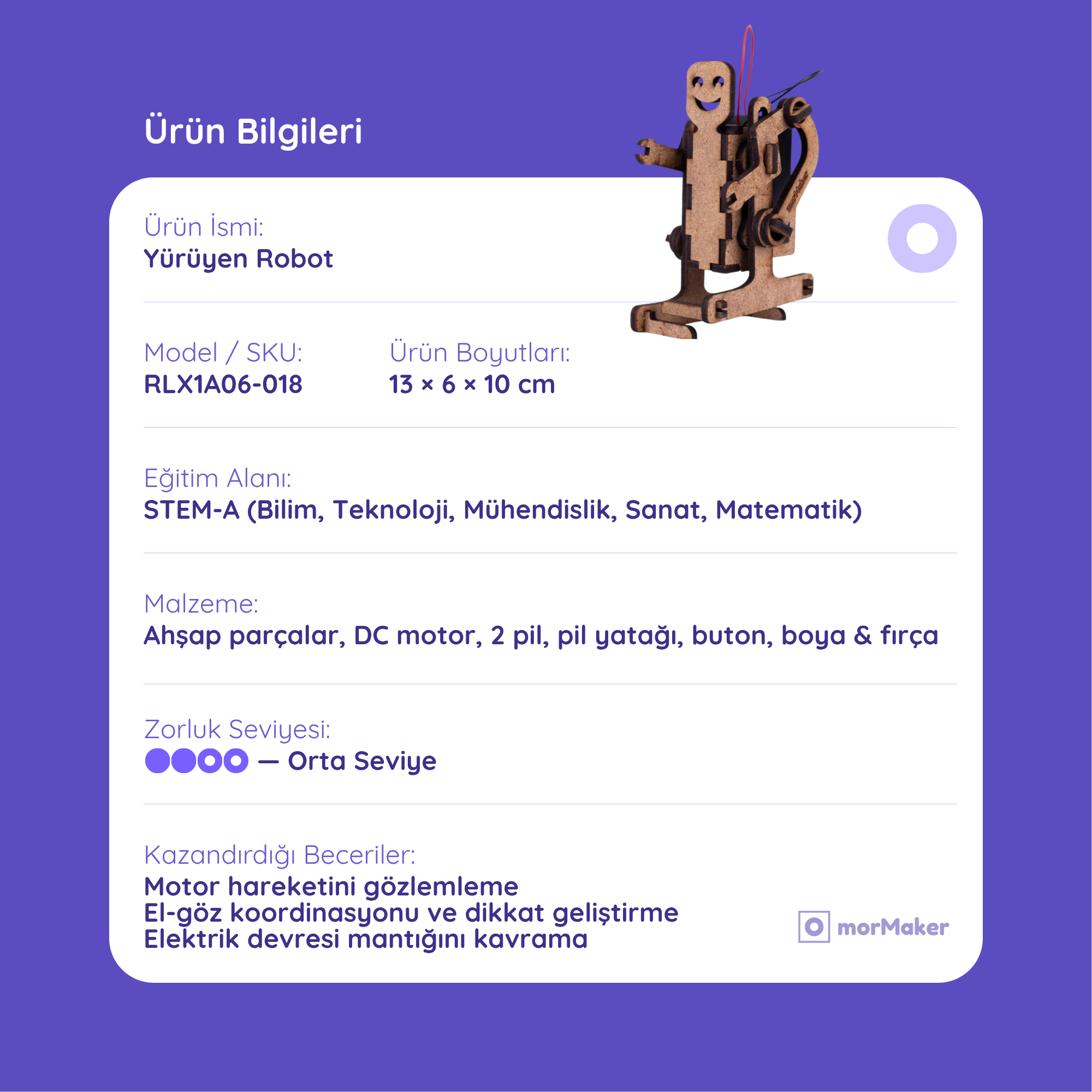 Yürüyen Robot DC Motorlu Ahşap Oyuncak STEM-A Eğitim Seti