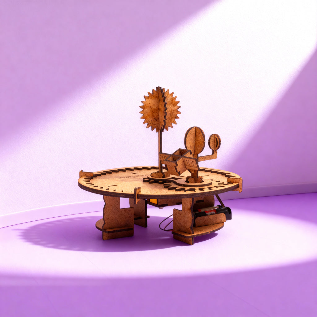 Ahşap Çarklı Güneş-Dünya-Ay-Uydu Modeli Hareketli (Motorlu)| Kendin Yap Ahşap Oyuncak | STEM-A Eğitim Seti | Çarklı Yörünge Sistemi