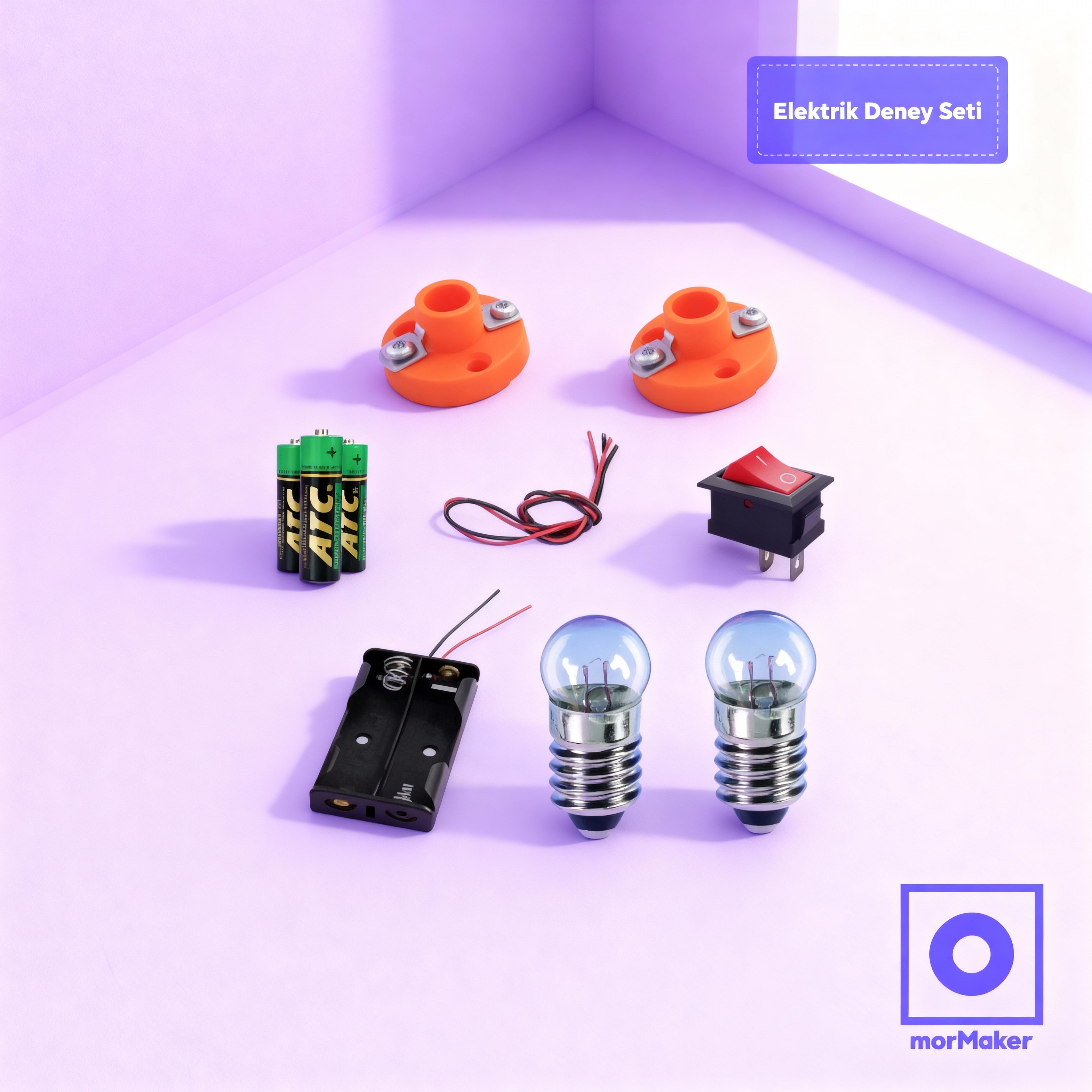 Elektirik Deney Seti, Mini Duy, Mini Ampul, Pil Yatağı, Aç- Kapa Anahtar, Kalem Pil